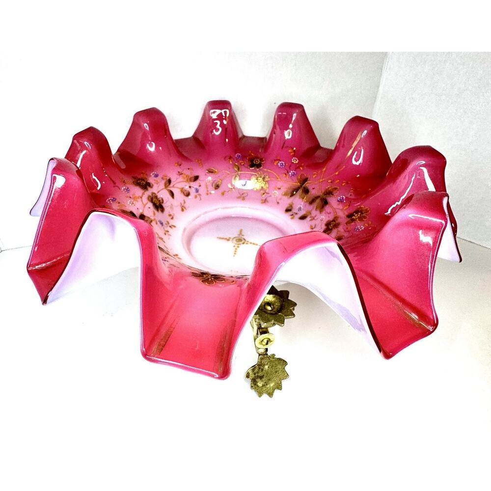 Antique Cranberry Opalescent Hand Painted Ruffled Brides Bowl & Brass Stand